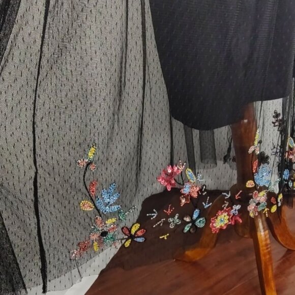 ZARA Dress S Black Floral Beads and Sequins Mesh Sheer Midi Long Sleeve Plumeti - Picture 8 of 15